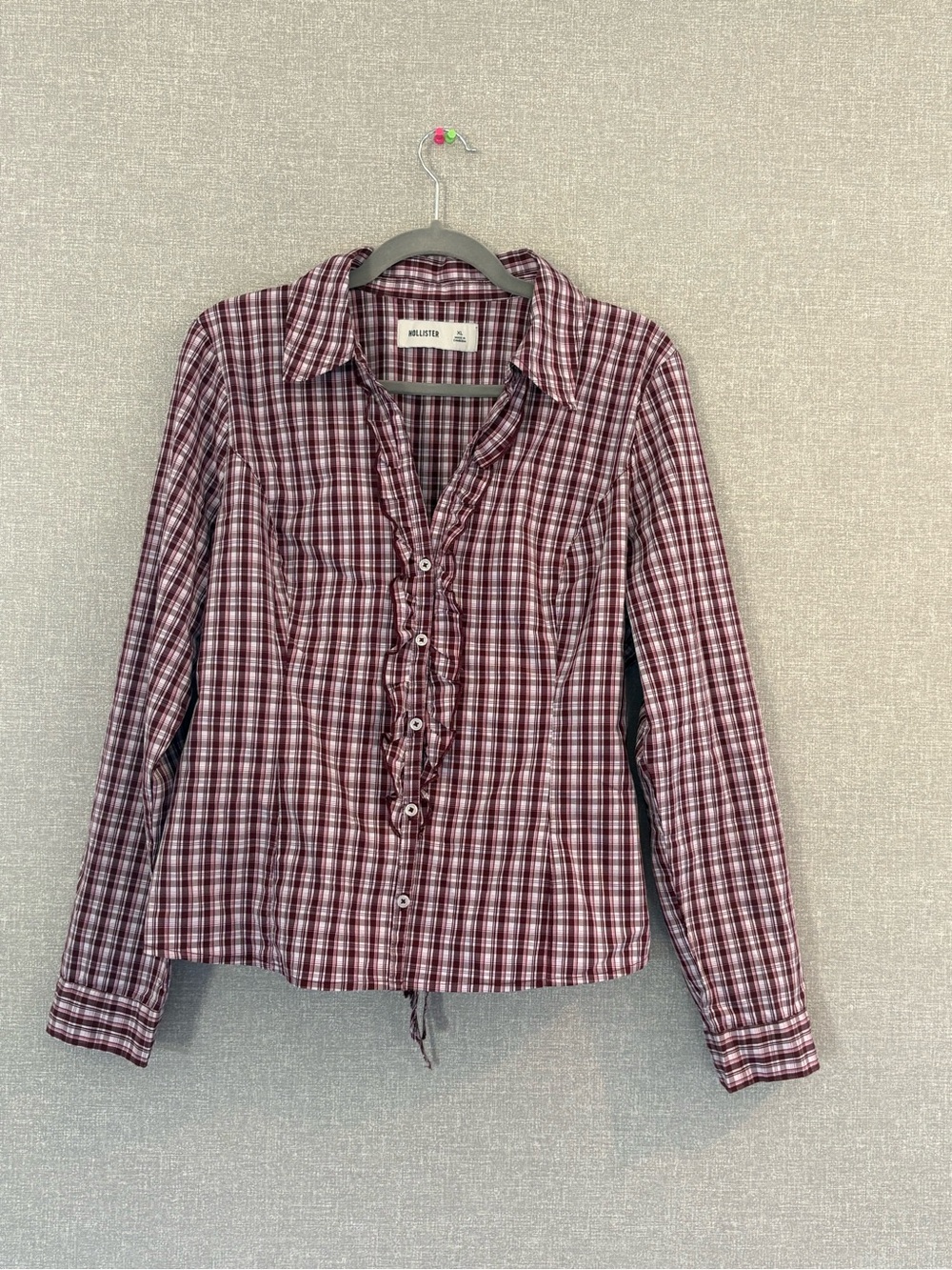 Hollister Burgundy and White Plaid Ruffle-Front Button Down Shirt